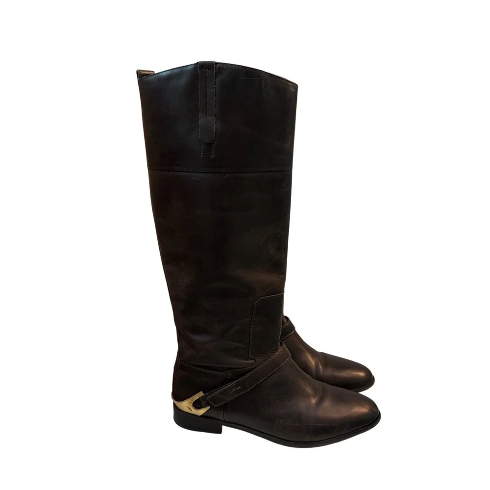 Brown Knee-High Leather‎ Riding Boots Side Strap Gold Buckle Accent Women's Sz 9